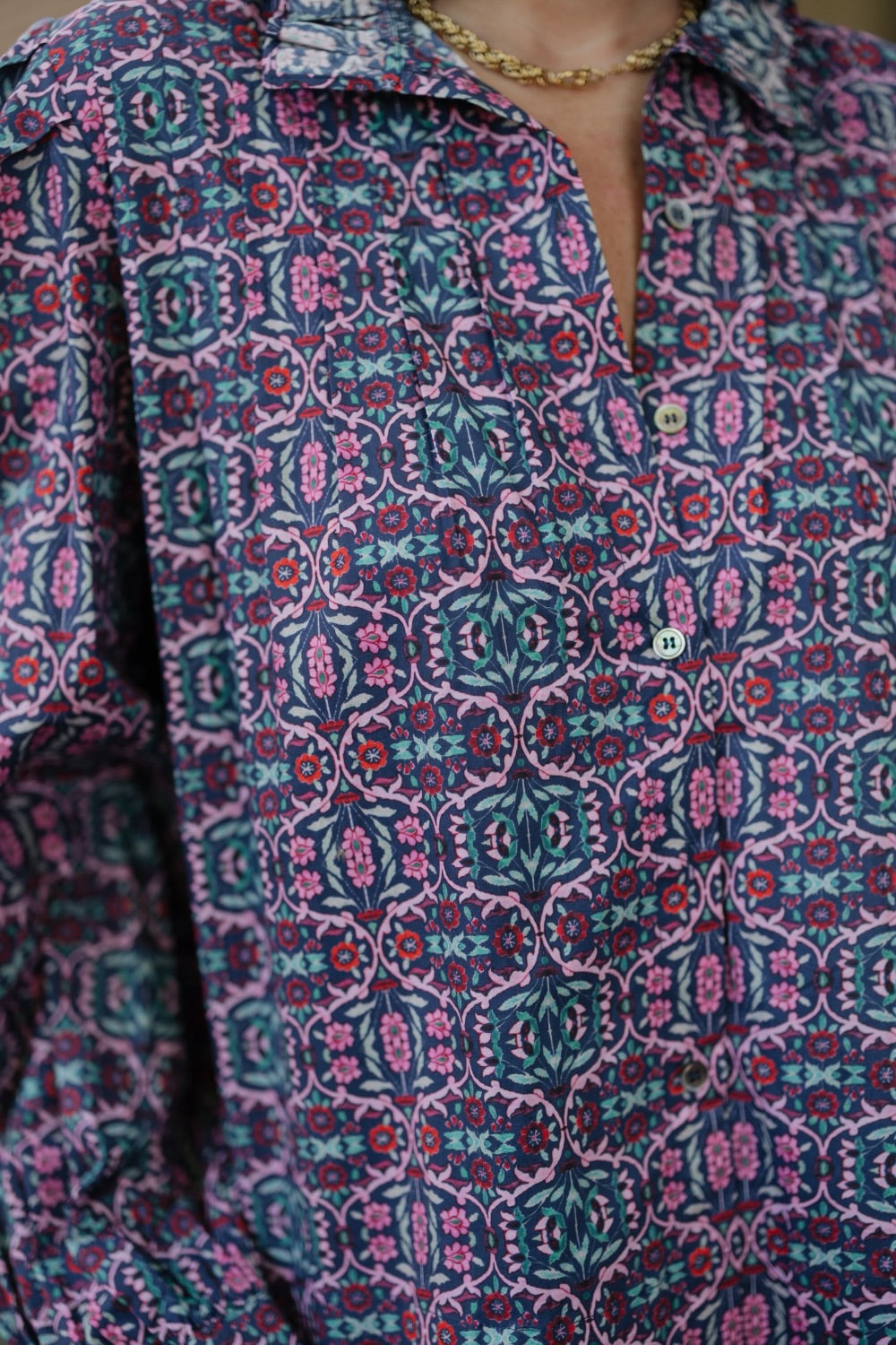 Lillian Navy/Pink Floral Button Down Blouse