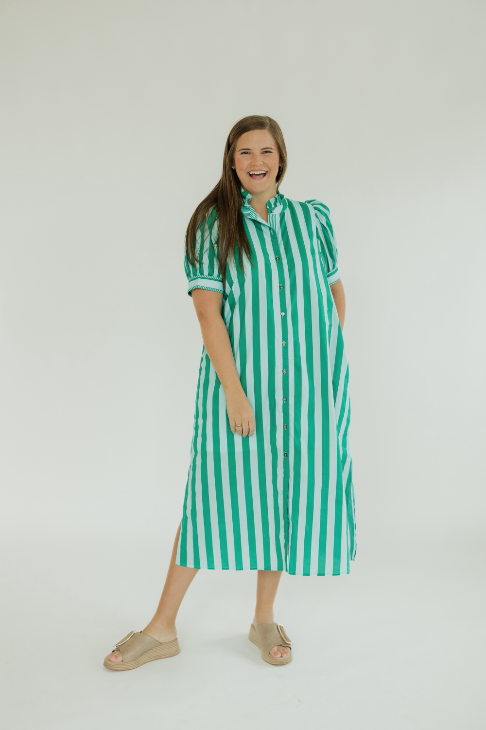 Green Striped Button Down Midi Dress Studio 3:19 Green Striped Button Down Midi Dress Studio 3:19