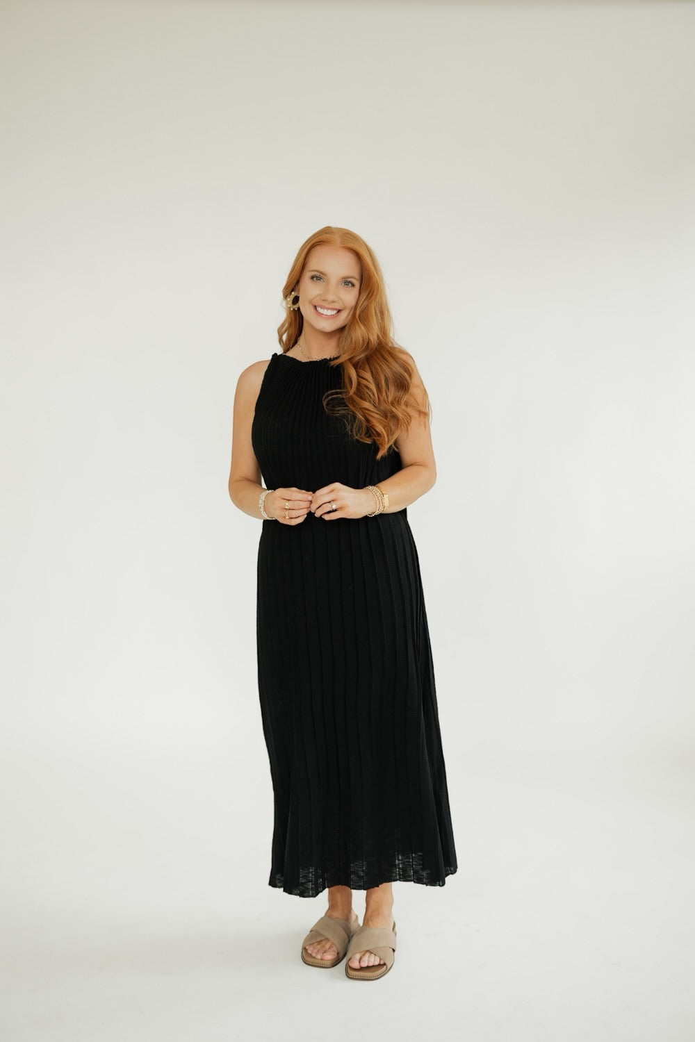 Pauline Black Pleated Front Knit Midi Dress (XS-XL)