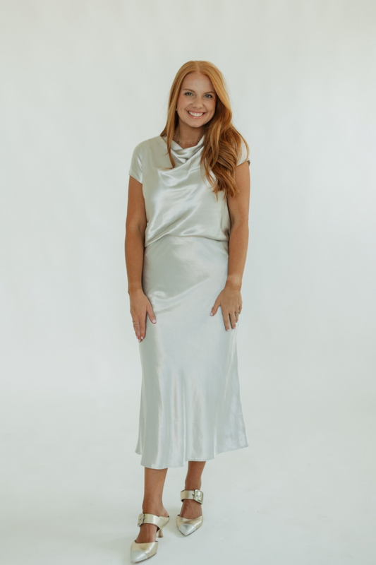 Silver Bias Skirt Silk Midi Skirt