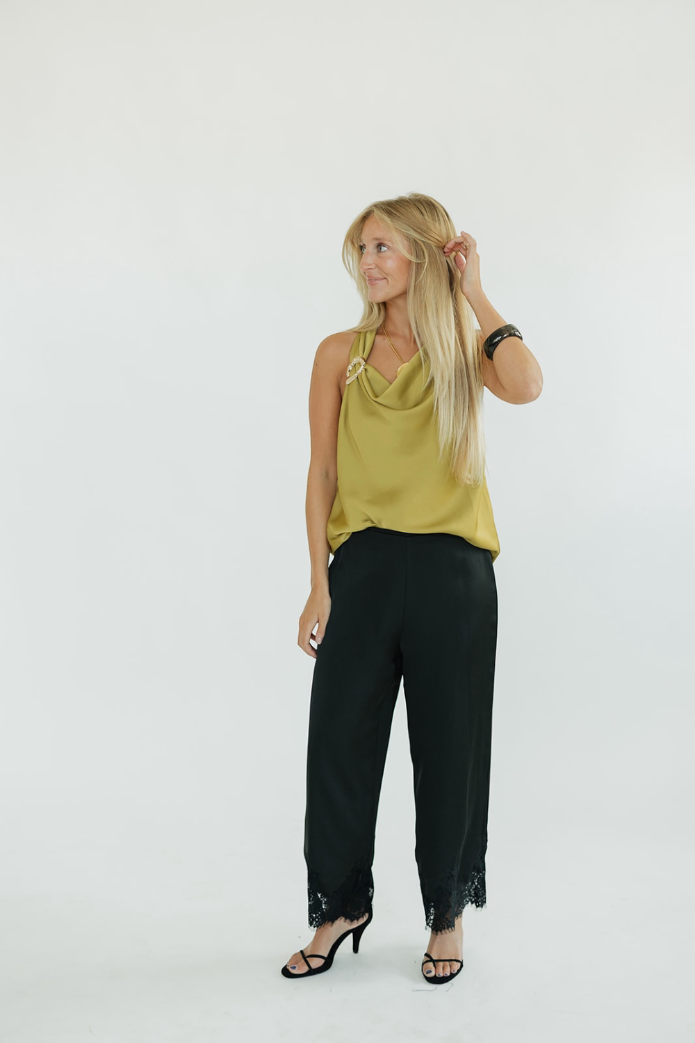 Carolyn Black Lace Trim Satin Pants