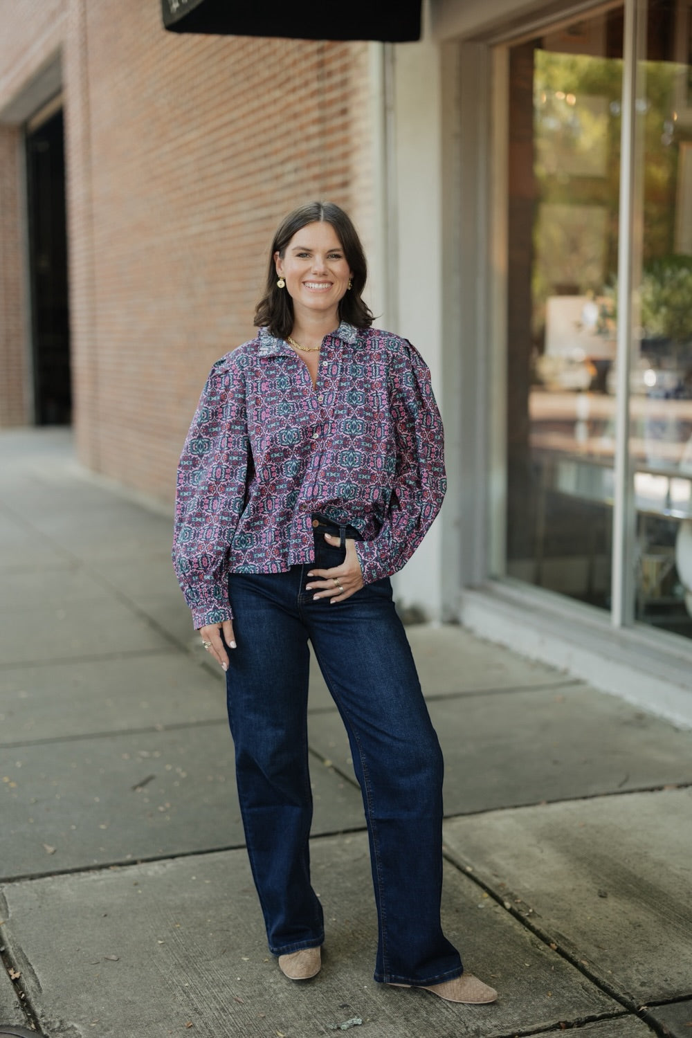 Lillian Navy/Pink Floral Button Down Blouse
