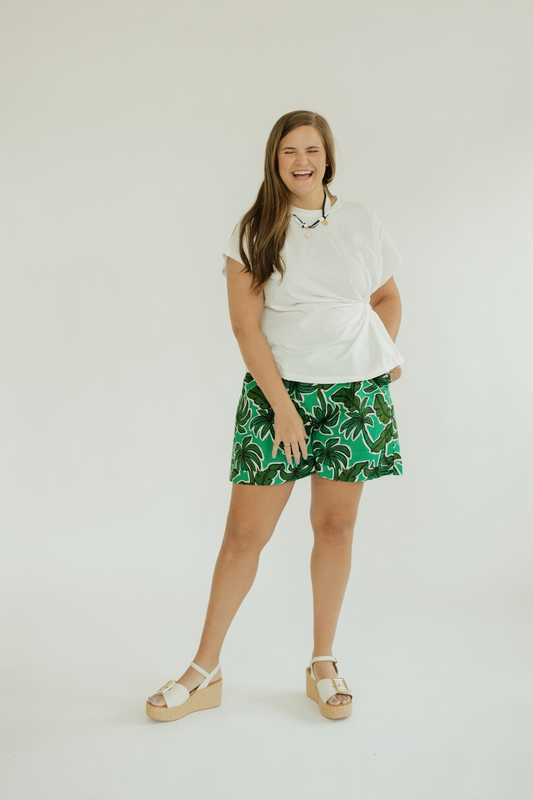 Palm Print Rolled Cuff Linen Short (XS-XL)