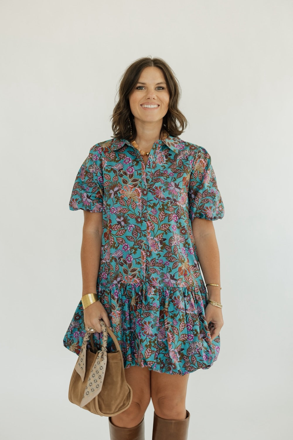 Stacci Bubble Hem Teal Floral Mini Dress (XS-3XL)
