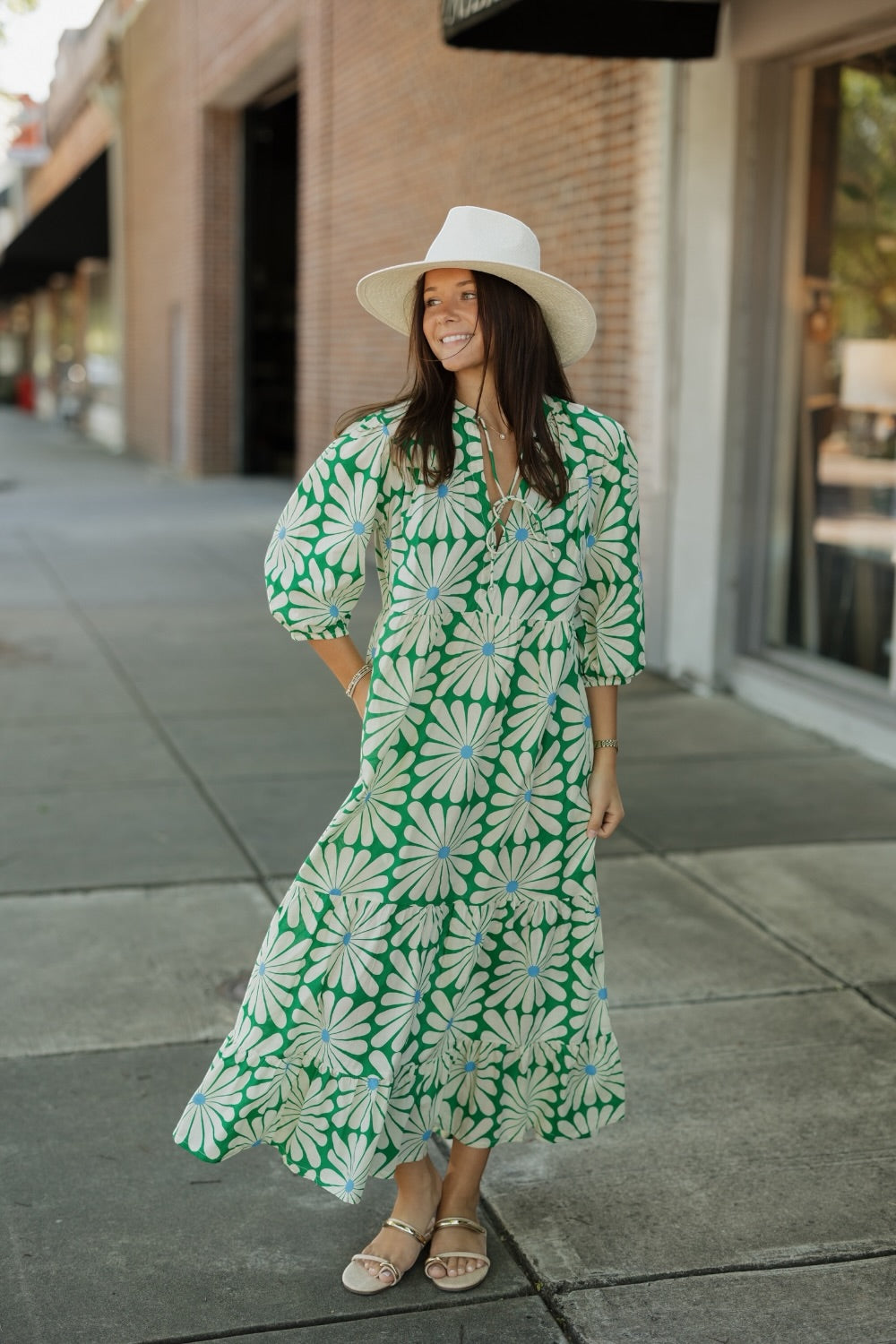 Olive Flower Green Print Midi Dress