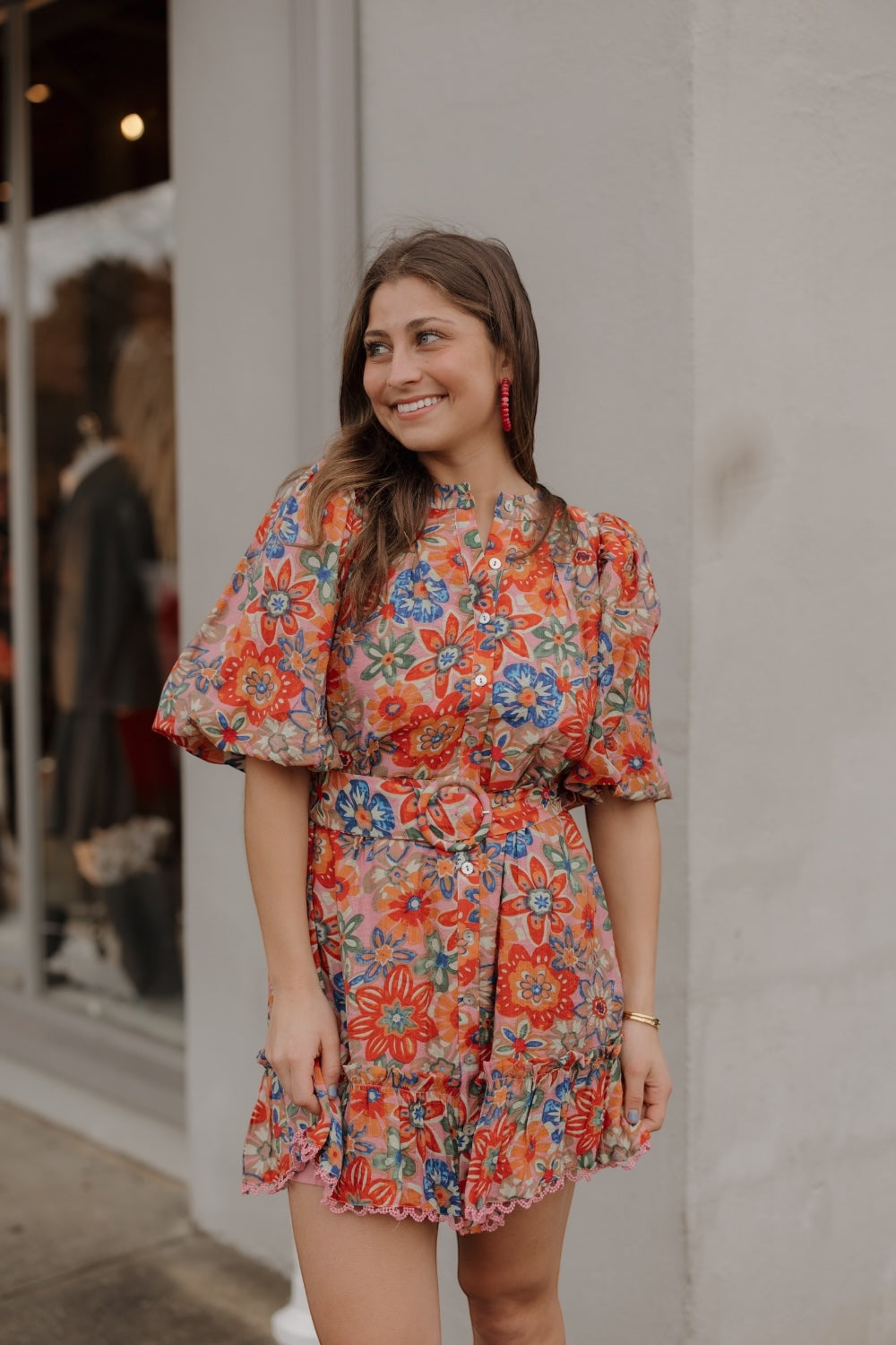 Lesley Lace Trim Mauve Floral Belted Dress