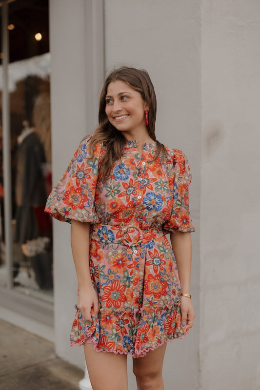 Lesley Lace Trim Mauve Floral Belted Dress