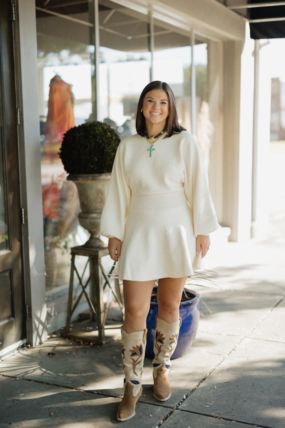 Caroline Cream Ballon Sleeve Sweater Dress