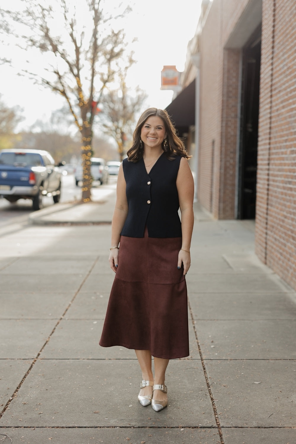 Dark Brown Suede A-Line Midi Skirt (S-3XL)
