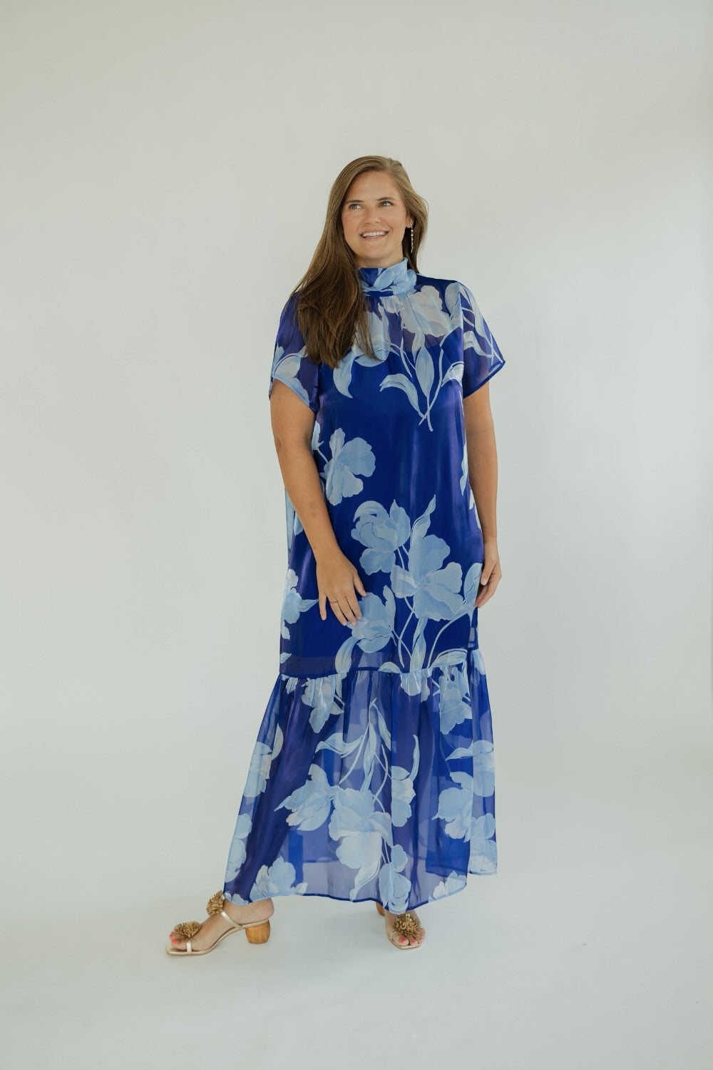 Dime Navy Blue Organza Mockneck Maxi Dress (XS-3XL)
