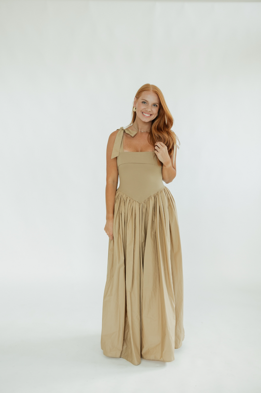 Karina Khaki Tie Sleeve Maxi Dress