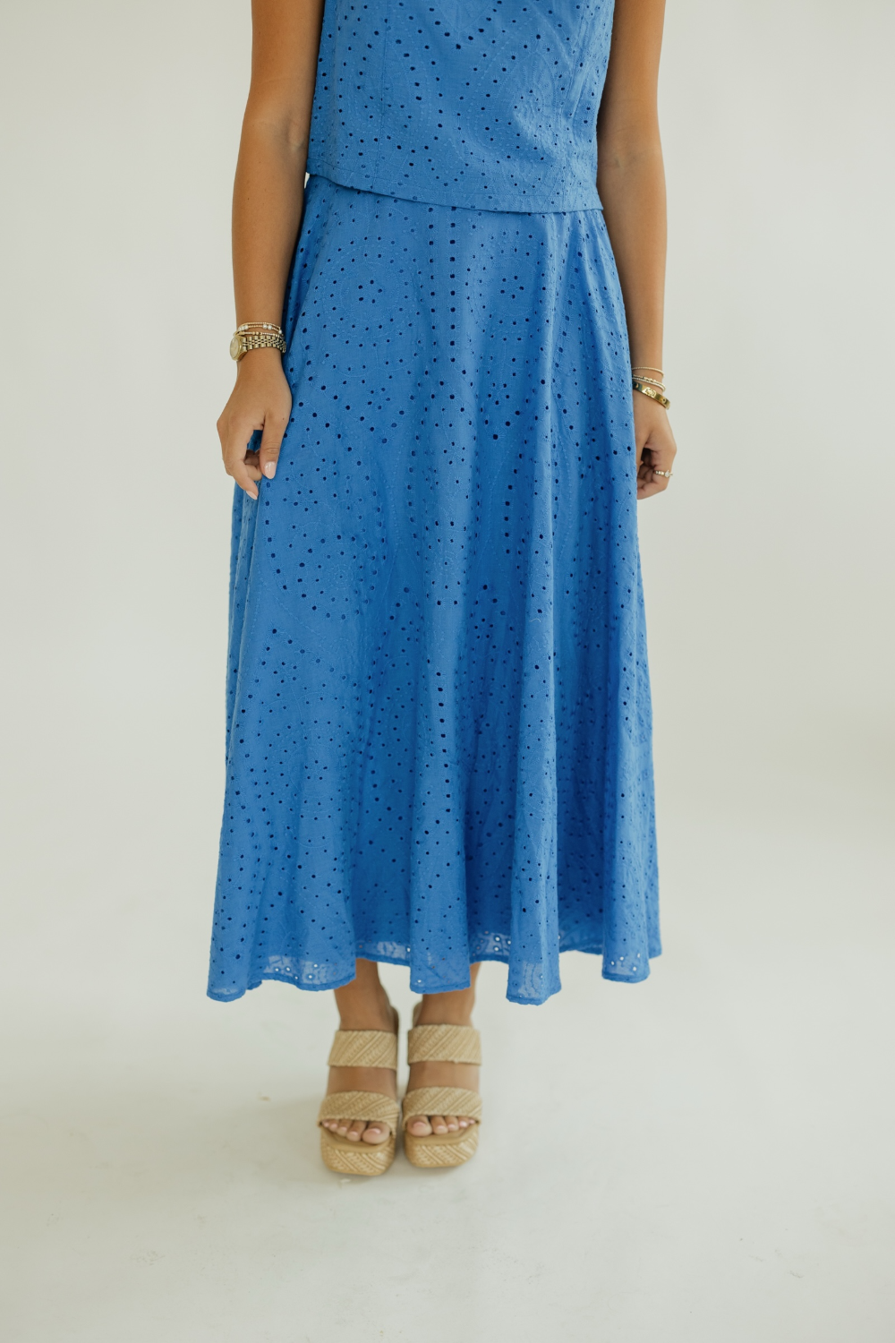 Aurora Blue Eyelet Midi Skirt
