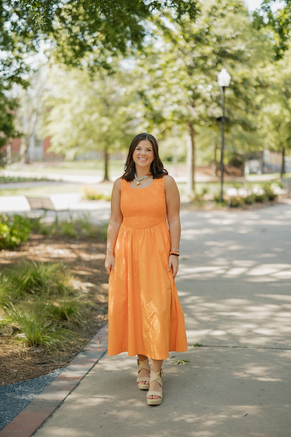 Brinley Orange Smocked Top Midi Dress (S-3XL)