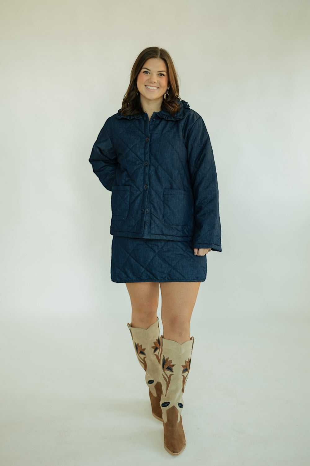 Janet Quilted Denim Ruffle Collar Jacket (XS-XL)