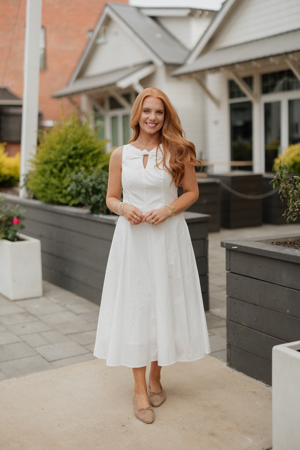 Pauline White Poplin Keyhole Midi Dress
