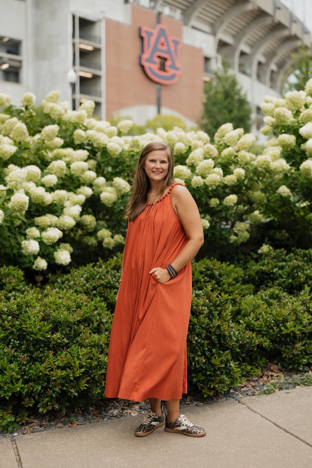 Rust Ball Trim Neckline Midi Dress