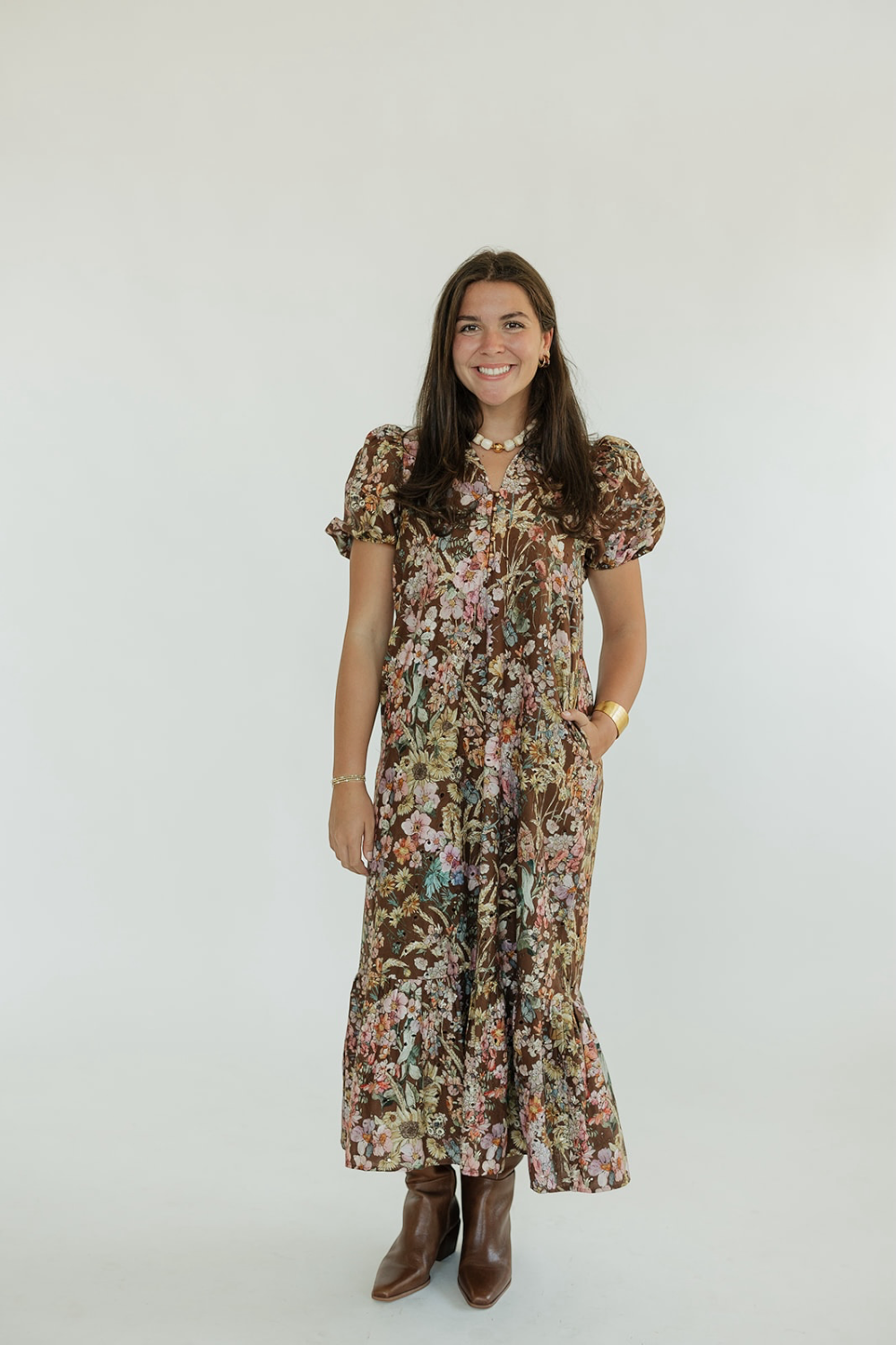 Brynn Brown Multi Floral Midi Dress