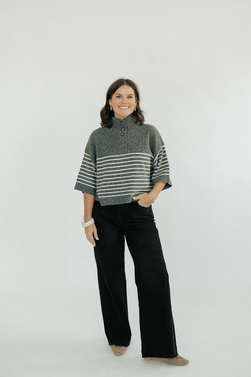 Charcoal Striped Henley Sweater (S-2XL)