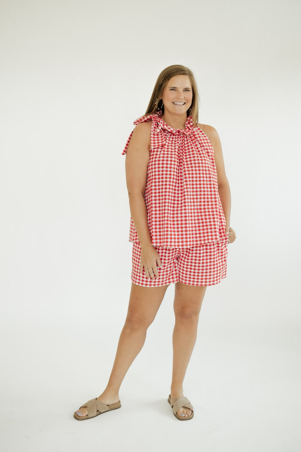 Bridget Red Gingham Tie Neck Top (S-3XL)