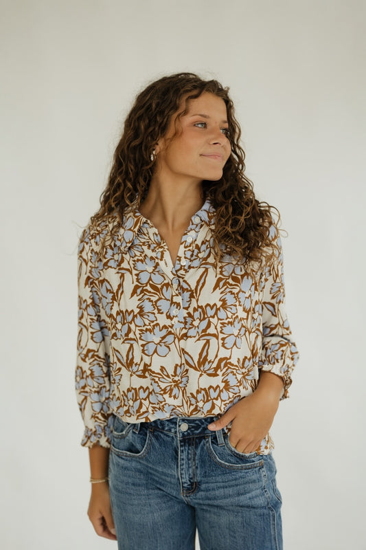 Bailey Blue/Brown Floral Ruffle Collar Top