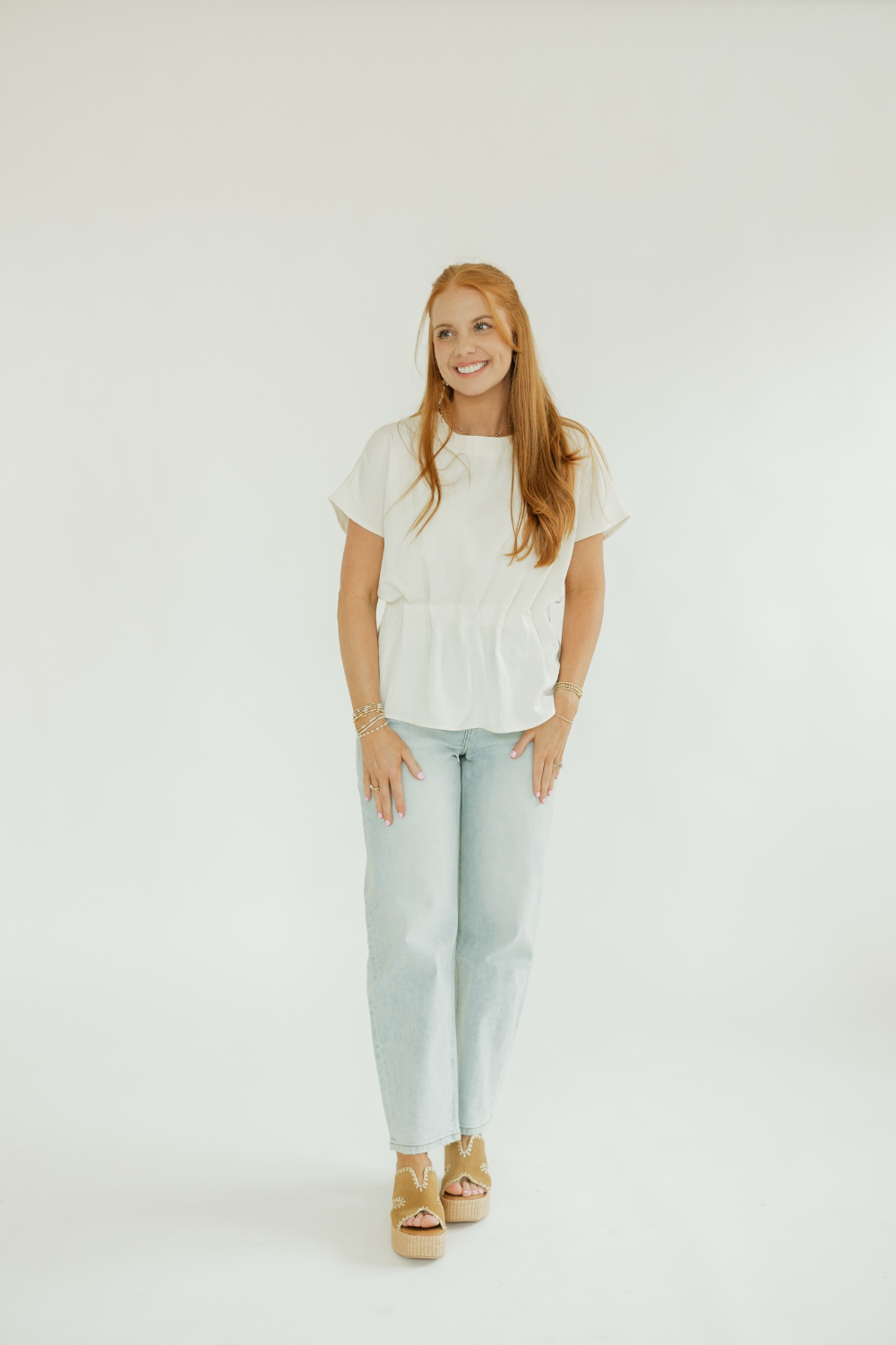 Sarah Cream Pleated Waist Top