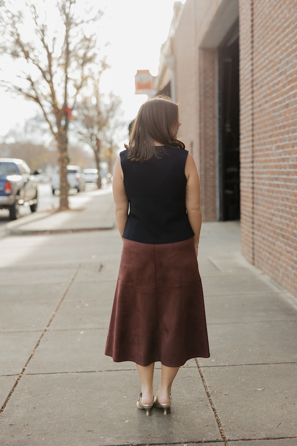 Dark Brown Suede A-Line Midi Skirt (S-3XL)