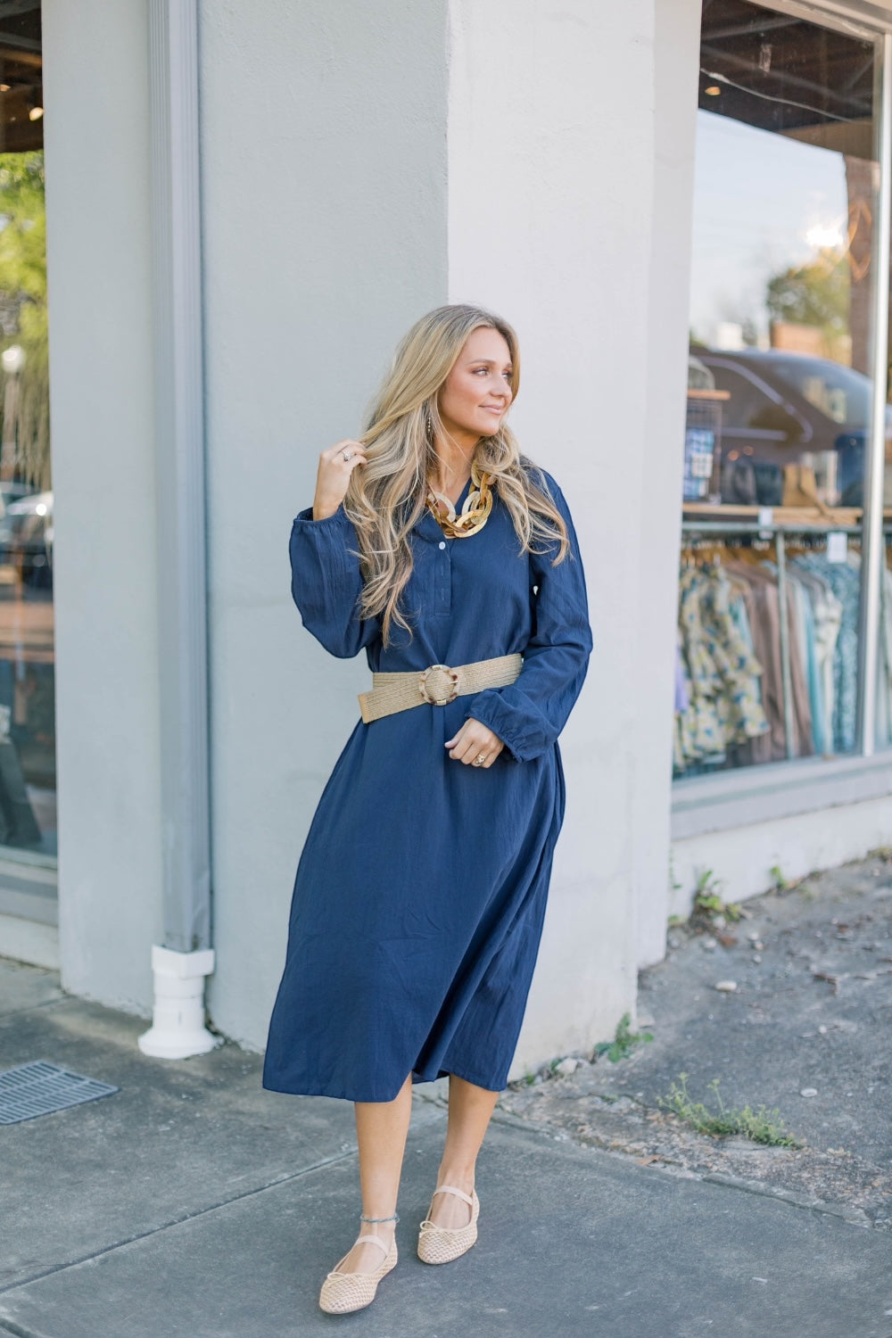 Nel Navy Linen Midi Dress (S-3XL)