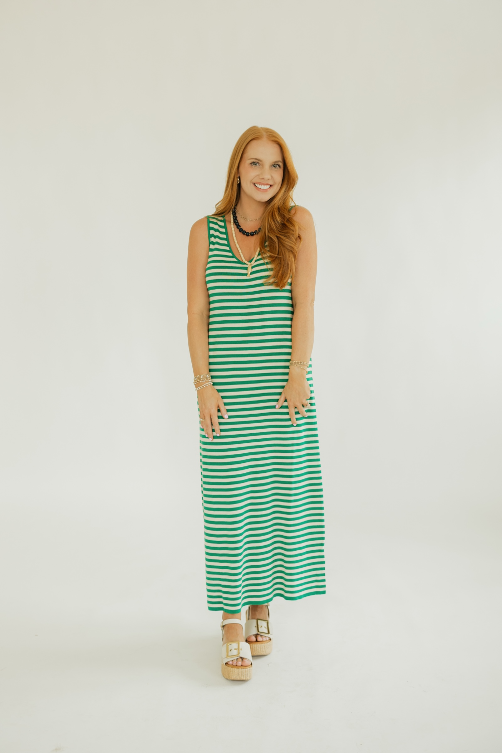 Green Striped Sleeveless Knit Midi Dress (XS-XL)