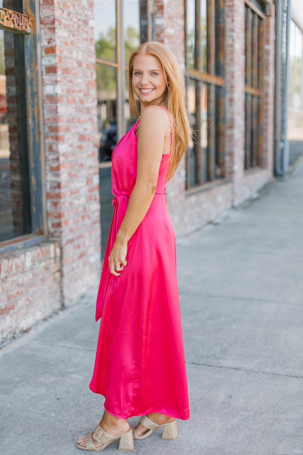 Raspberry Satin Wrap Tie Midi Dress