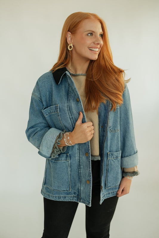 Denim Corduroy Collar Barn Jacket