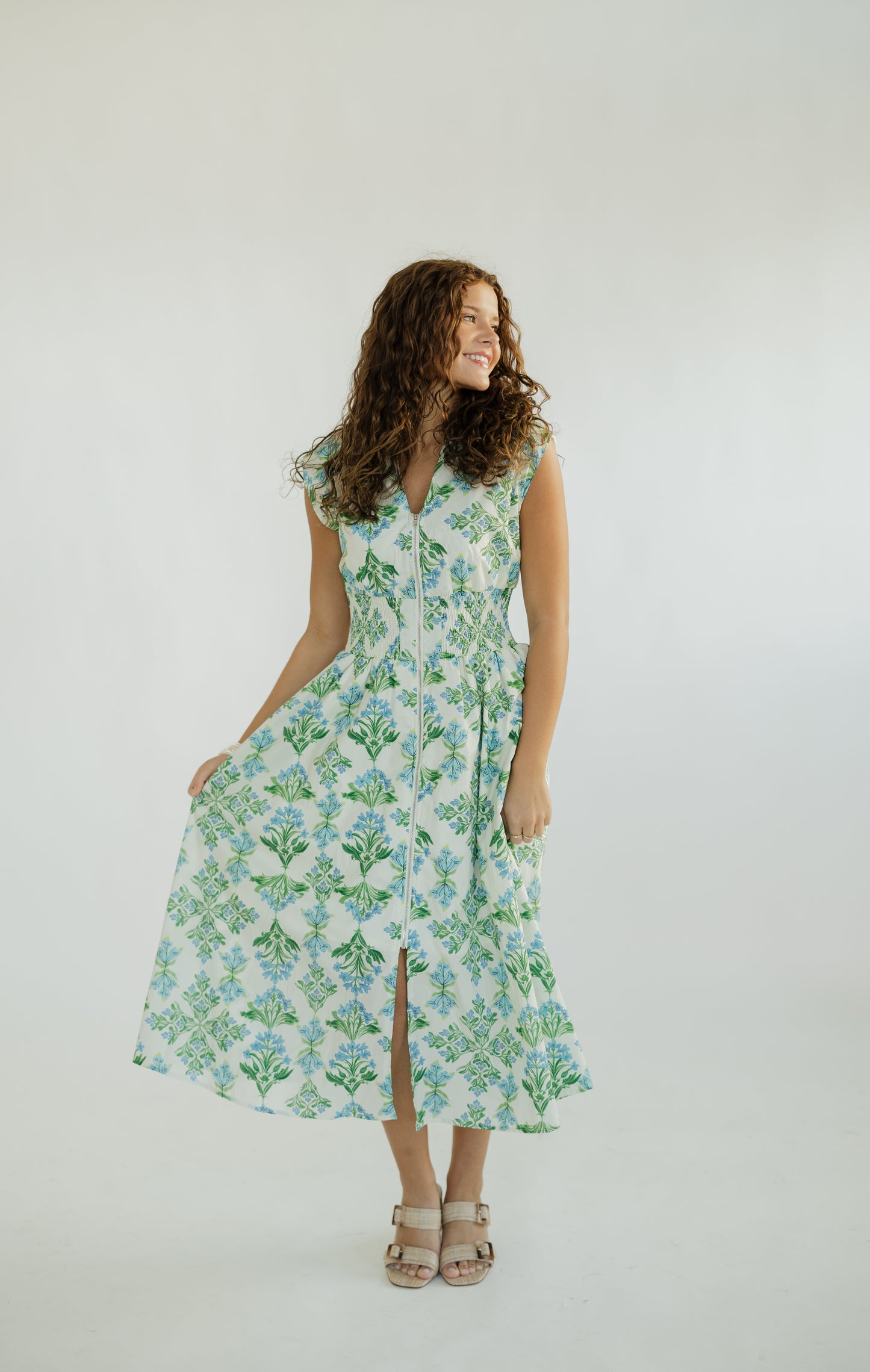 Stella Floral Zip Front Cinched Waist Midi Dress (S-2XL)