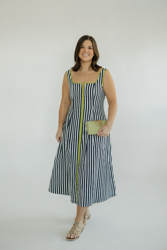 Chandler Navy Striped Square Neck Midi Dress