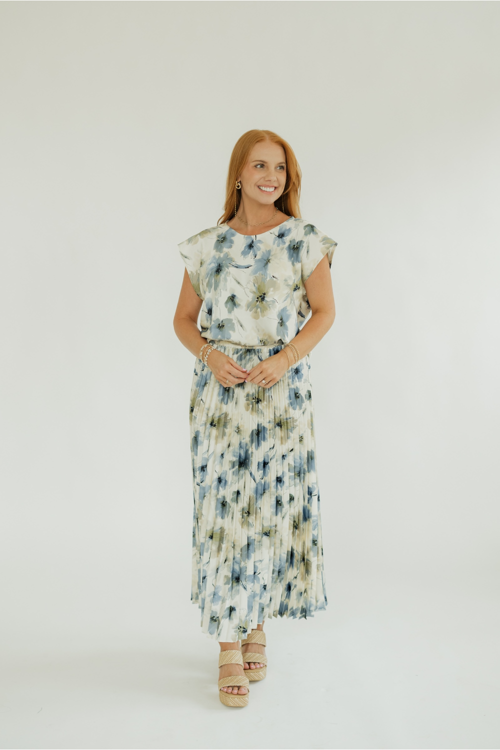 Brooks Floral Satin Pleated Midi Skirt