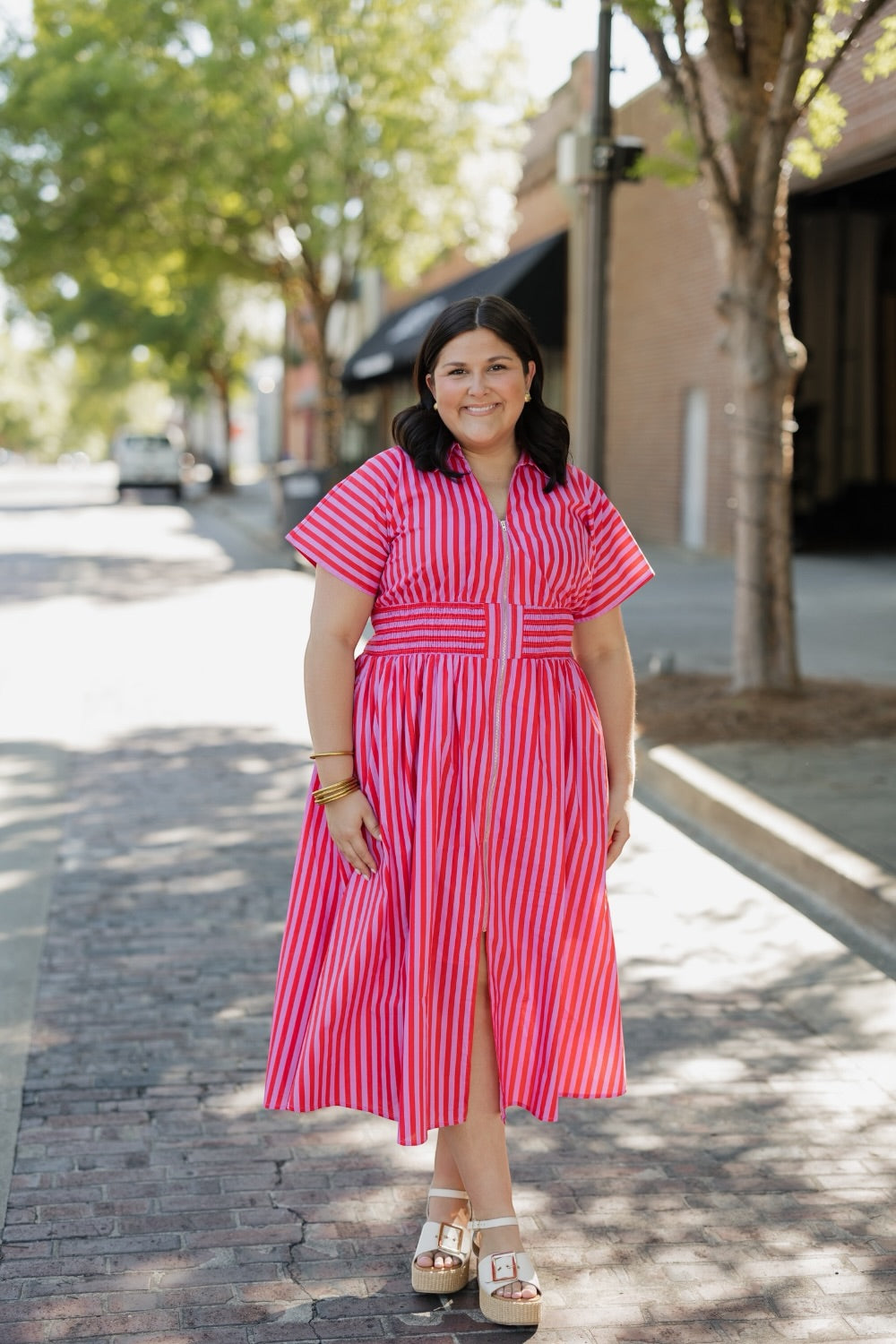 Elaine Red/Pink Striped Elastic Waist Midi Dress