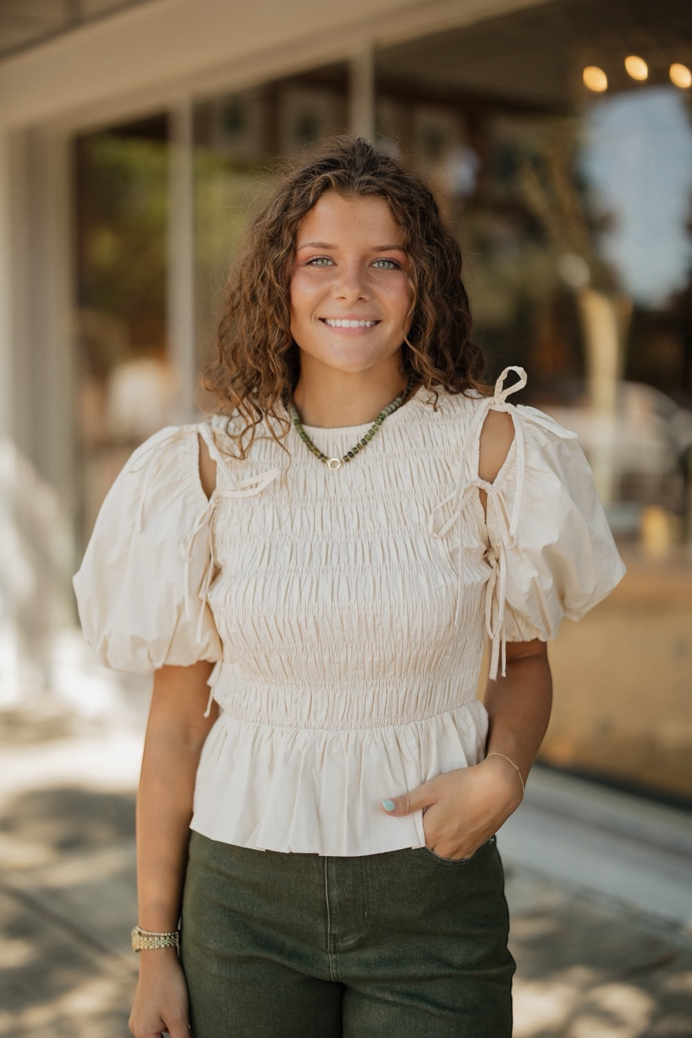 Ellie Eggshell Detachable Sleeve Peplum Top