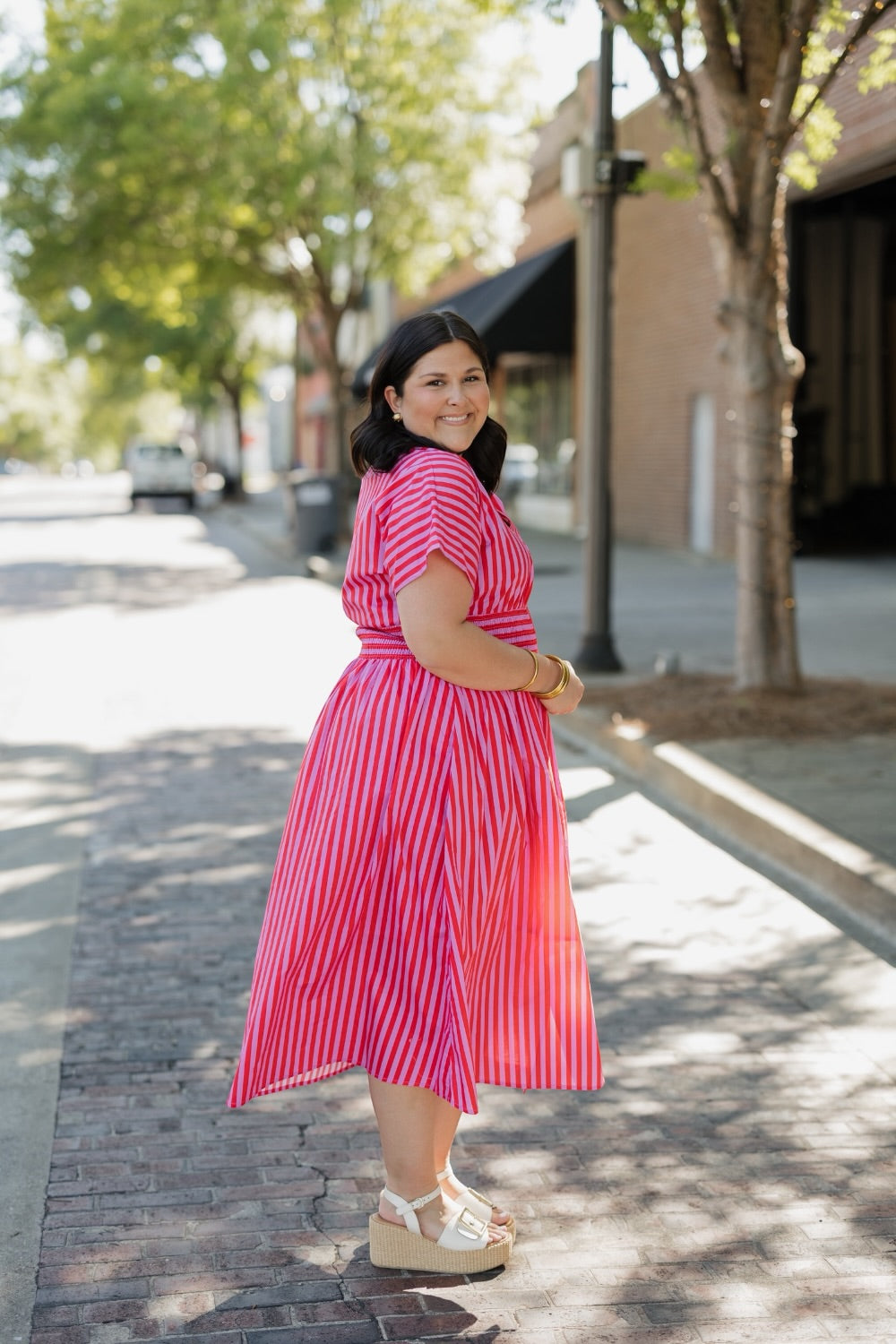 Elaine Red/Pink Striped Elastic Waist Midi Dress