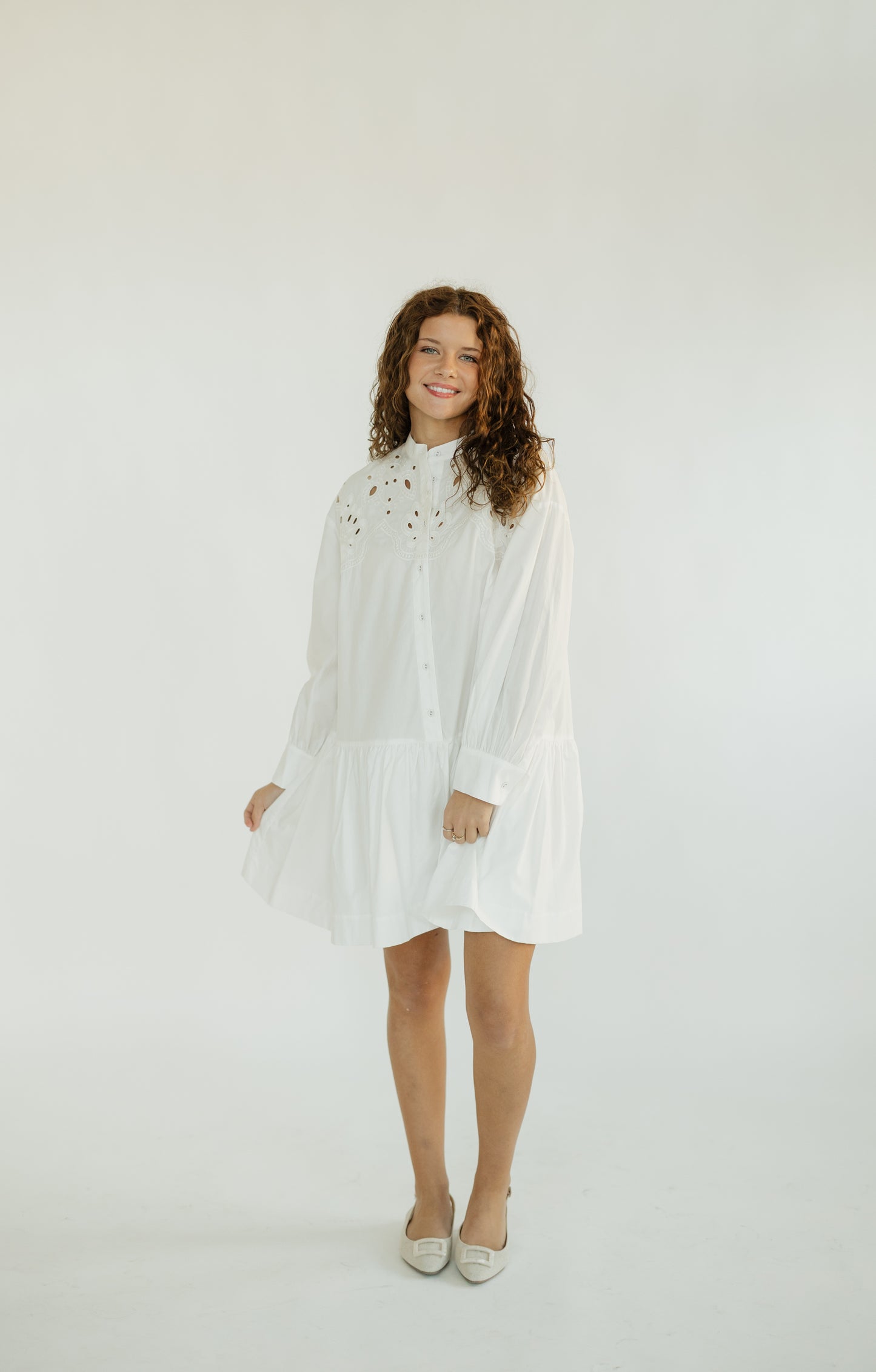 White Embroidered Button Down Mini Dress