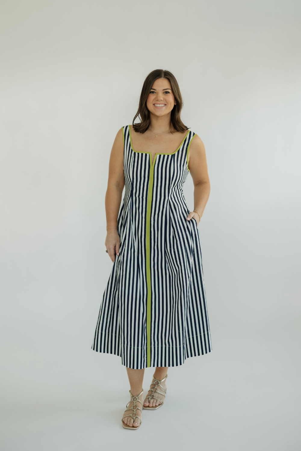 Chandler Navy Striped Square Neck Midi Dress
