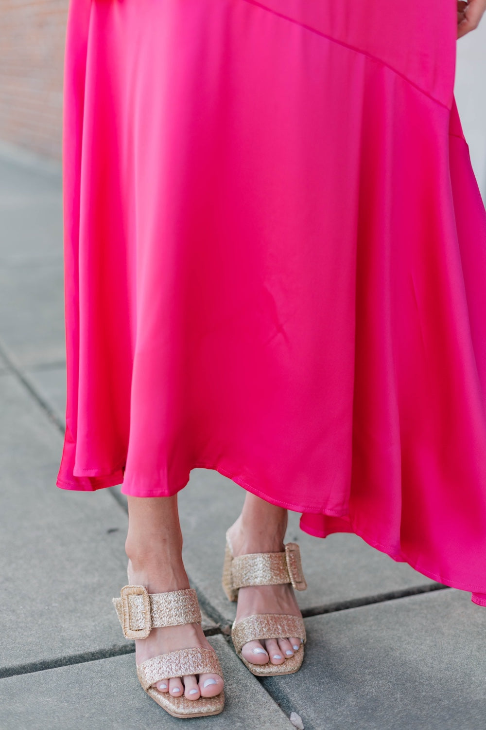 Fuchsia Asymmetric Satin Midi Dress