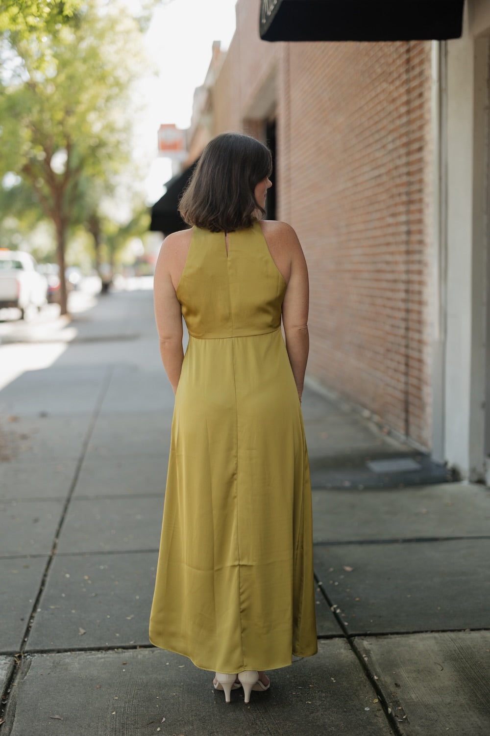 Sally Chartreuse Satin Halter Midi Dress (XS-XL)
