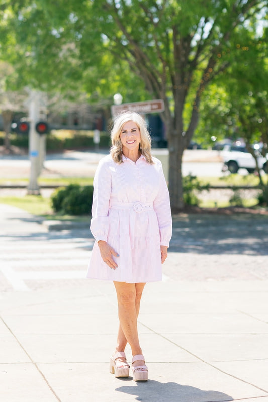 Dana Pink Pinstripe Belted Dress