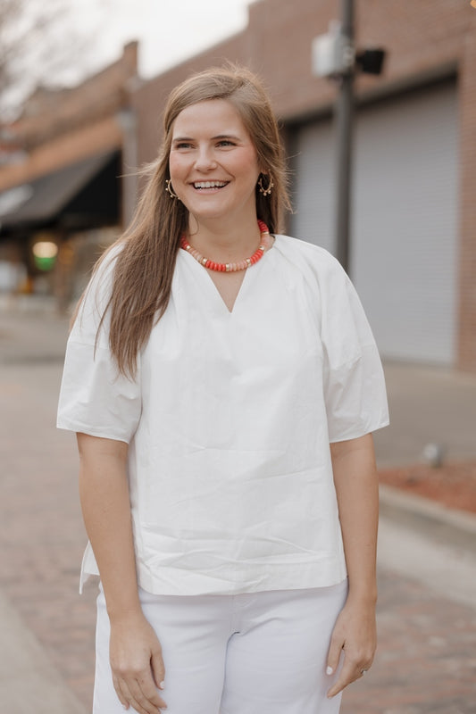 Pennie White Poplin V-Neck Blouse