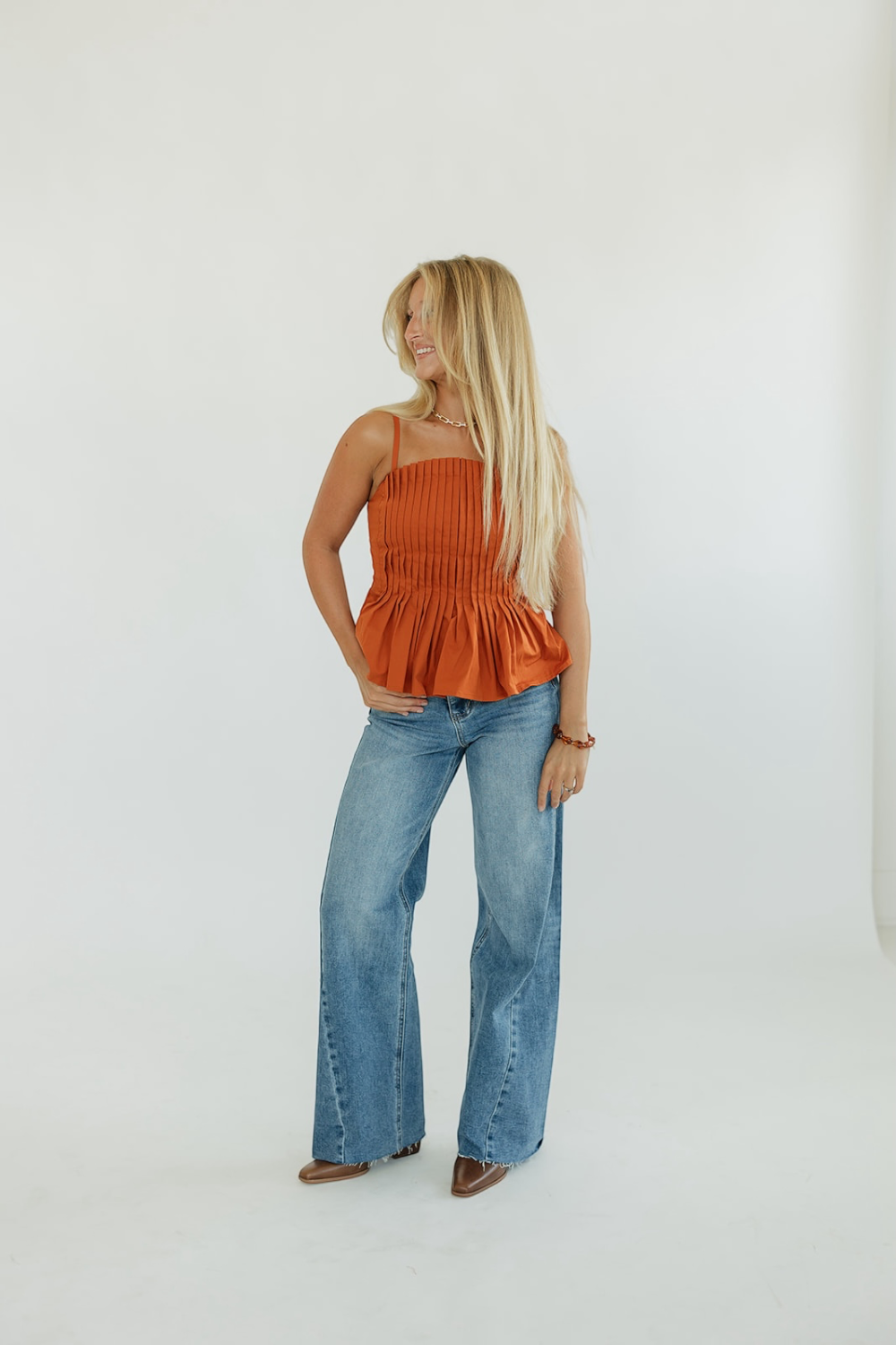 Callie Cinnamon Pleated Front Tank