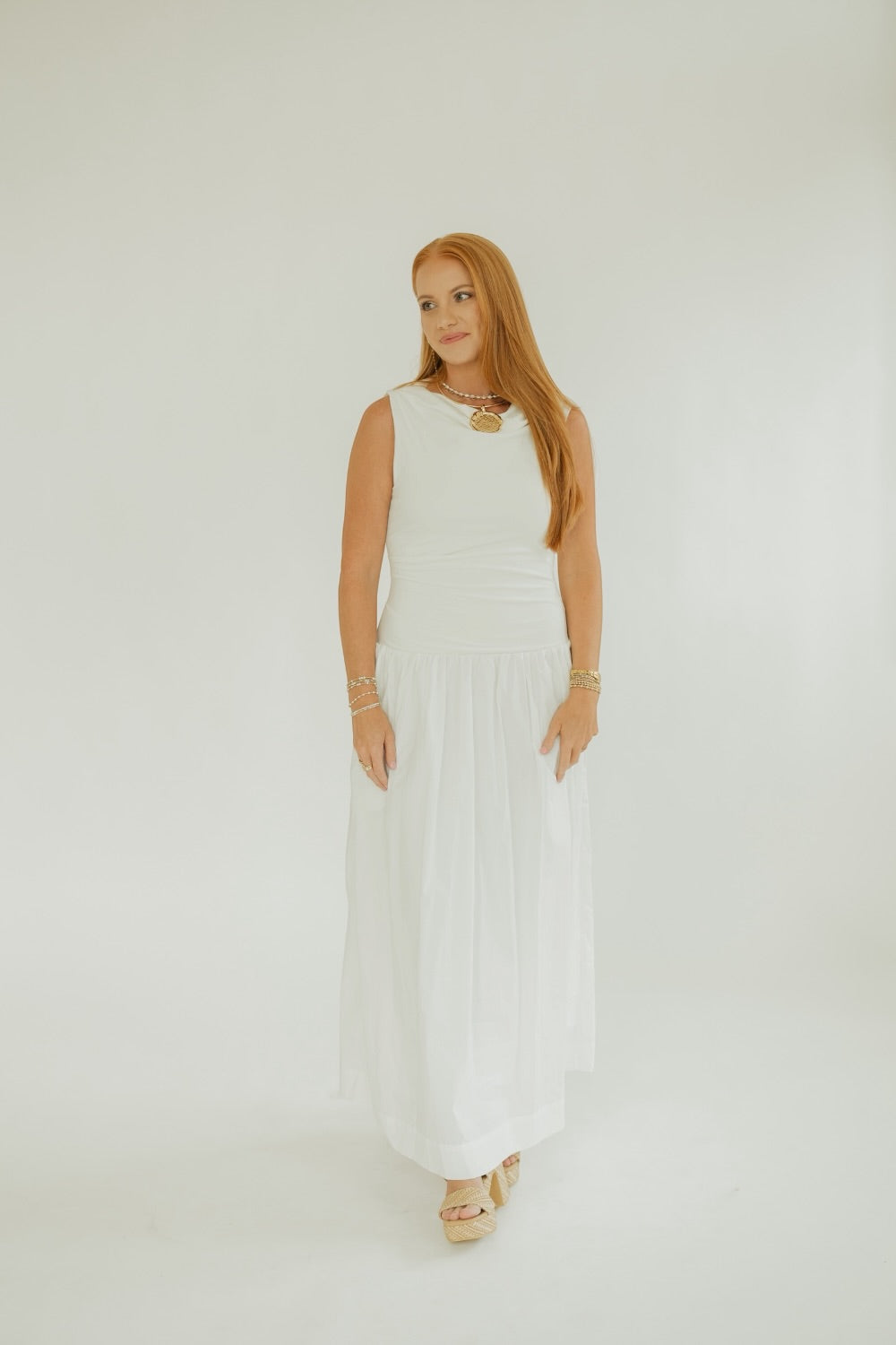 Audrey Off White Mixed Media Midi Dress