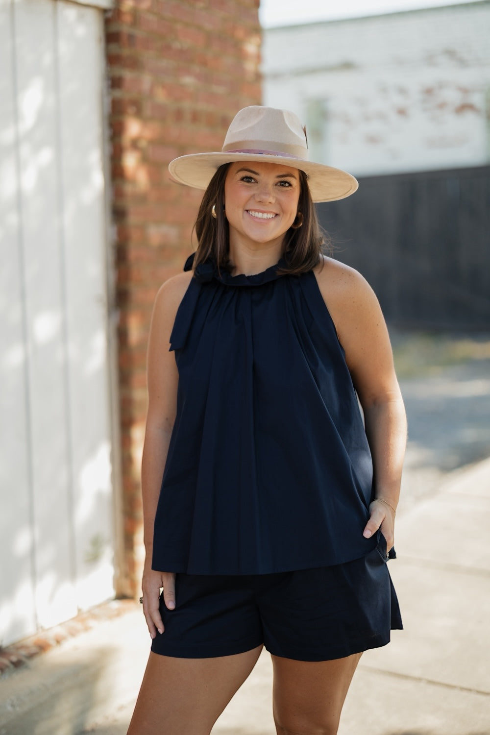 Cassie Navy Poplin Elastic Waist Shorts (S-3XL)