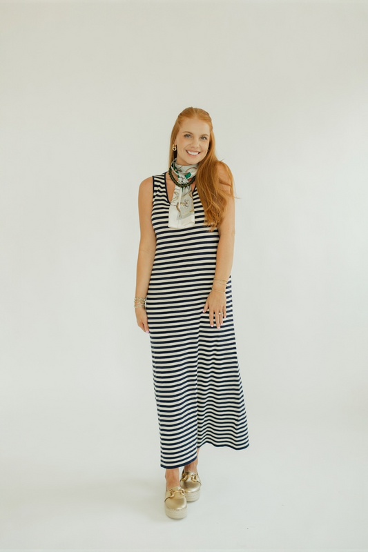 Navy Striped Knit Sleeveless Midi Dress (XS-XL)