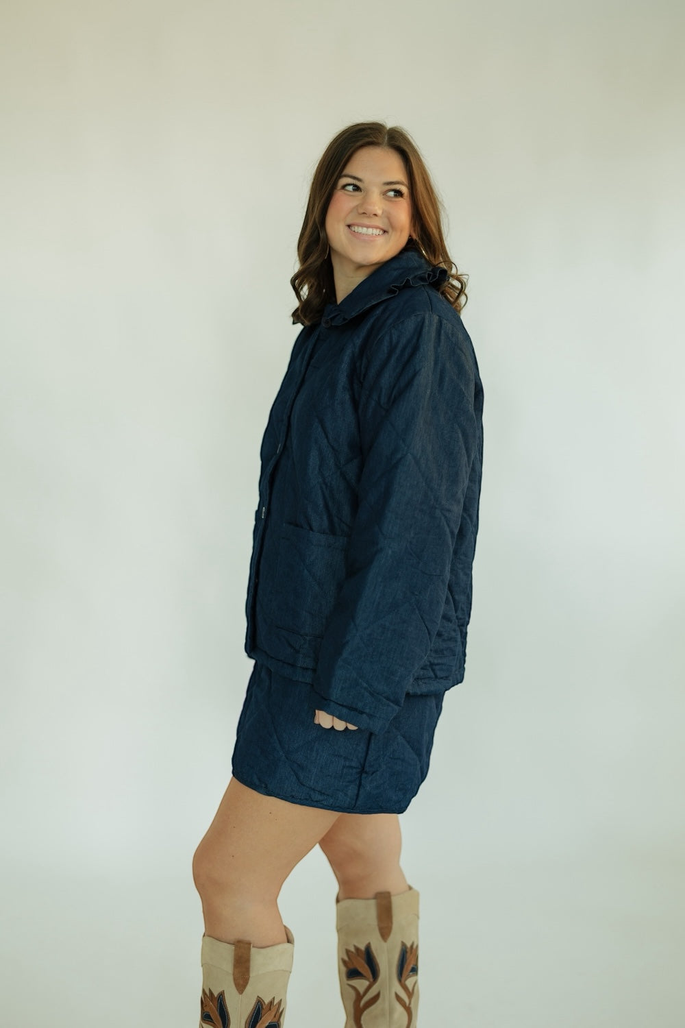 Janet Quilted Denim Ruffle Collar Jacket (XS-XL)