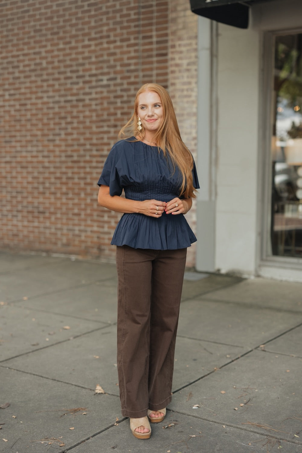 Penelope Navy Pleated Waist Peplum Top