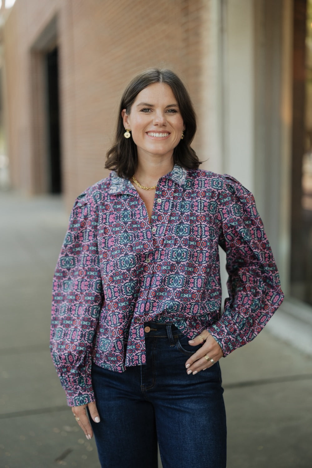 Lillian Navy/Pink Floral Button Down Blouse