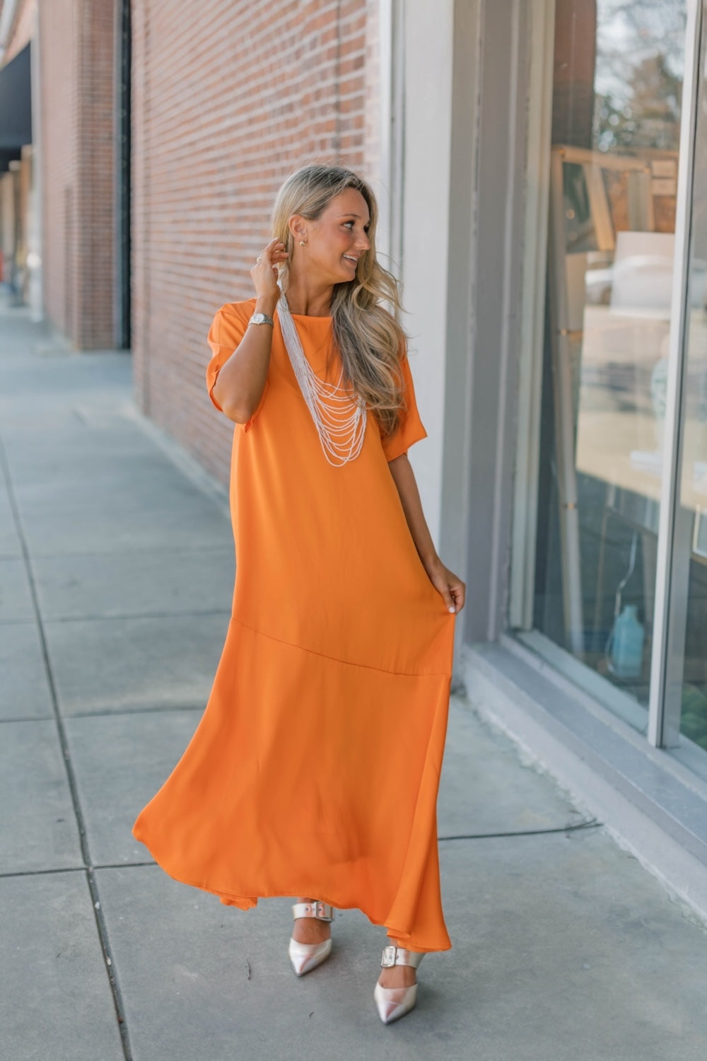 Orange Asymmetric Satin Midi Dress